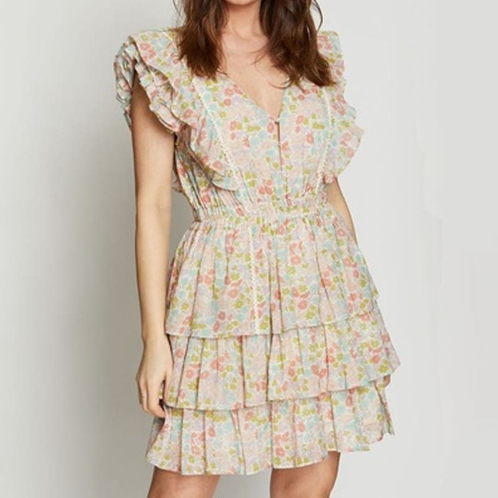 Love the Label Ines Floral Tiered Ruffle Mini Dress Cream Women's Size Medium